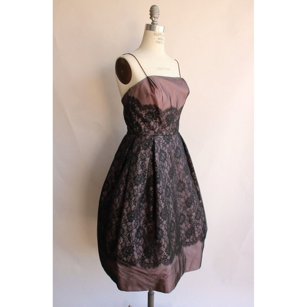 Vintage 1950s Dress, I Magnin Black and Pink Lace Fit and Flare, Extra Small - Picture 6 of 10